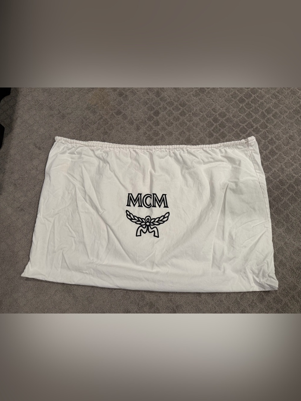 Large MCM White Logo Draw String Dust Bag with Black Emblem